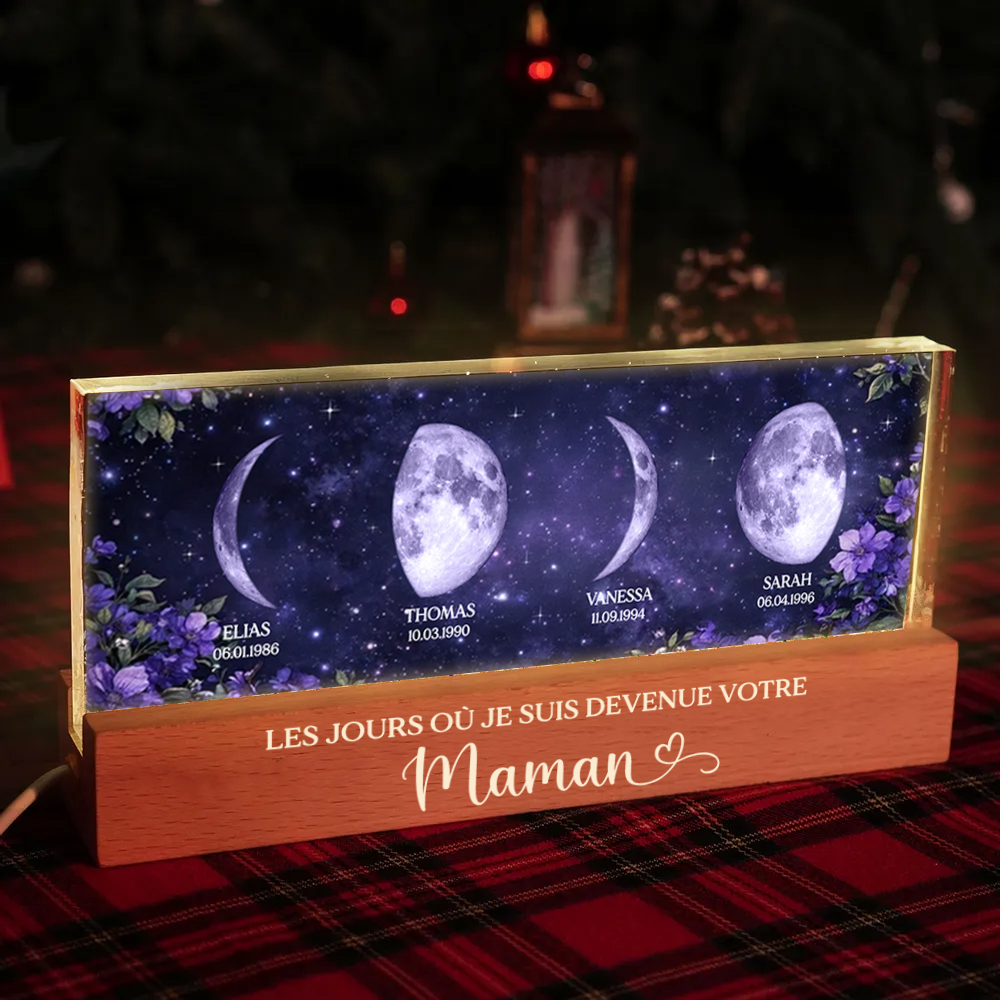 Fleurs violettes – Veilleuse LED personnalisée avec phases de lune et texte – Cadeau pour maman et mamie