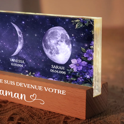 Fleurs violettes – Veilleuse LED personnalisée avec phases de lune et texte – Cadeau pour maman et mamie