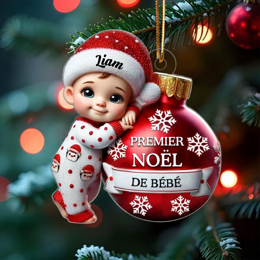 Ornement Plat Personnalisé en Acrylique 2D – Bébé Tenant une Boule pour Premier Noël