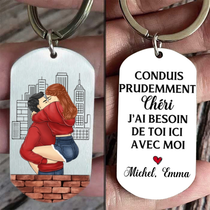 Porte-clés en Acier Inoxydable pour Couple – Porte-clés Personnalisé "Conduis Prudemment"