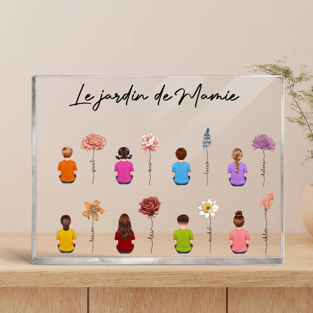 Plaque acrylique personnalisée avec 1-10 personnes, fleurs de naissance et noms