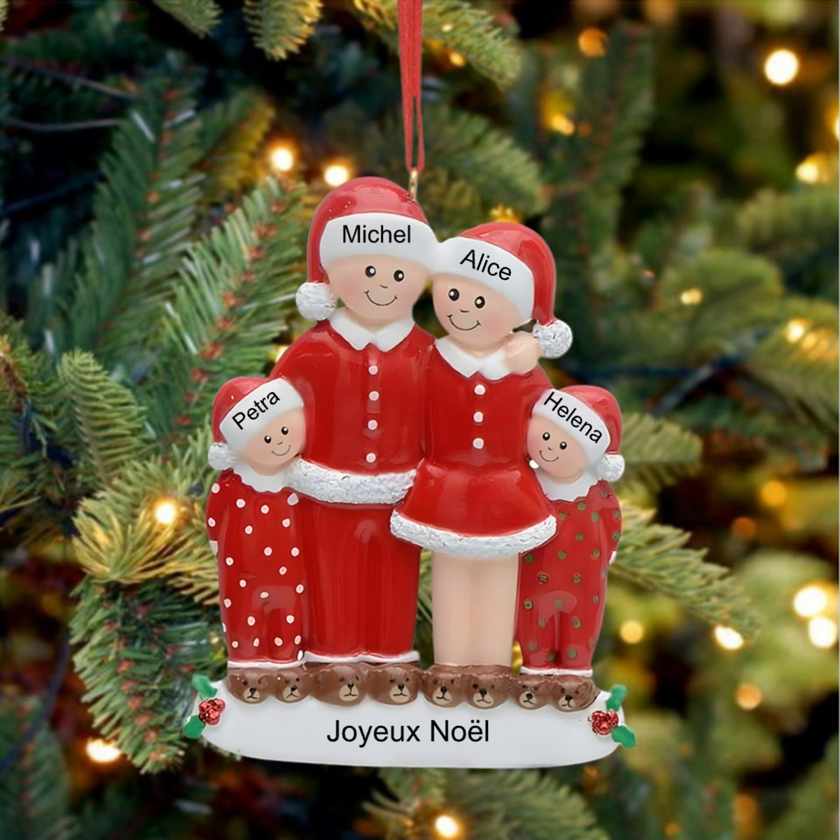 Décorations de Noël vitre acrylique Famille en pyjama avec 3-6 noms