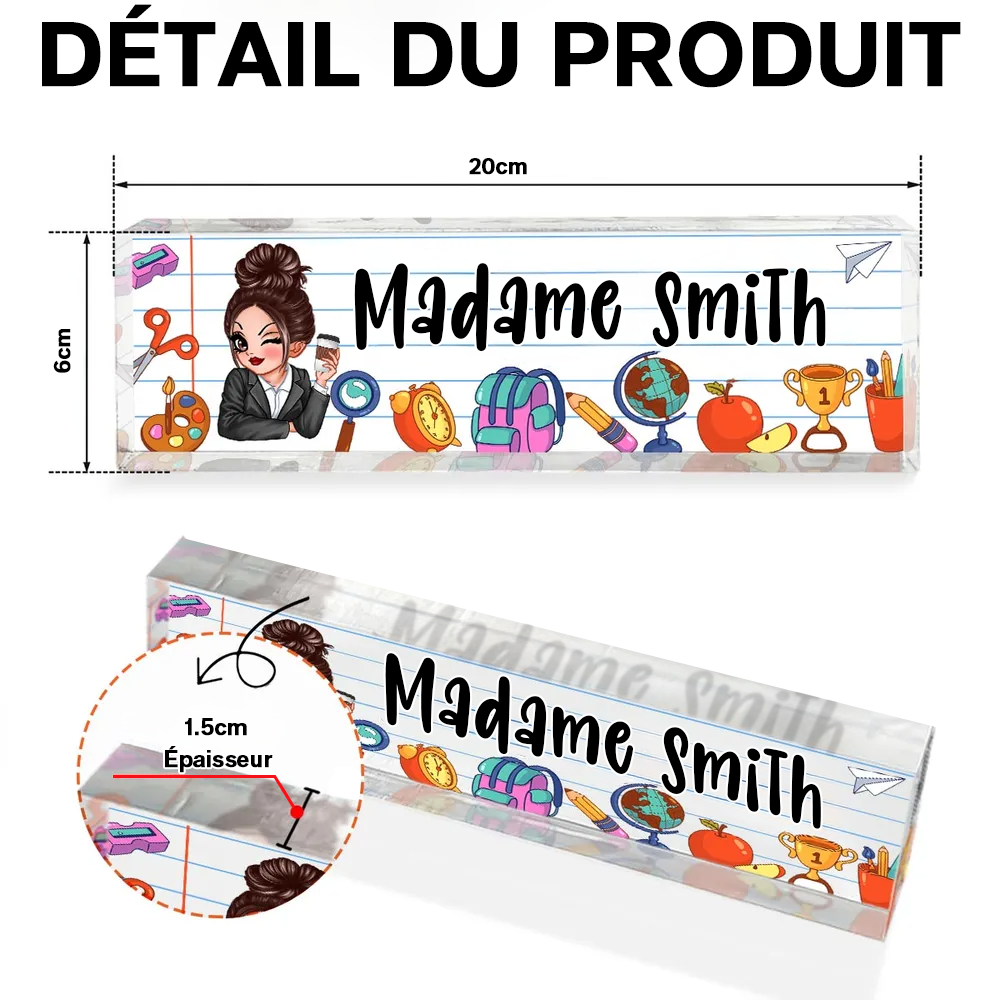 Plaque nominative en acrylique personnalisée – Pour enseignantes avec motif scolaire