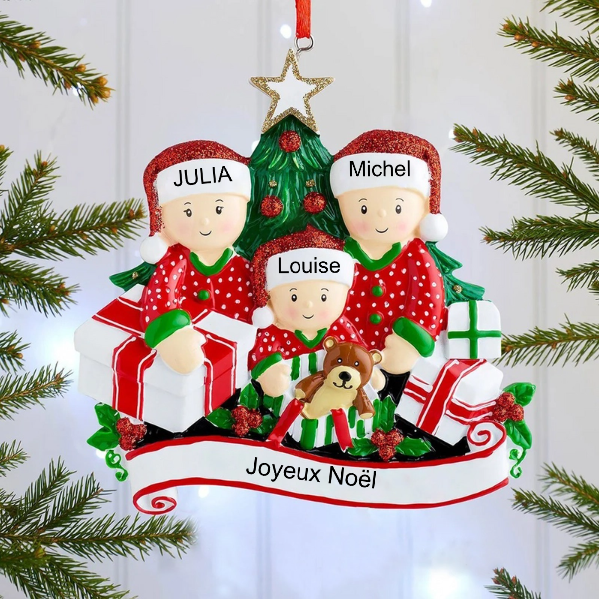 Décorations de Noël Famille Famille en ouvrant les cadeaux 2-6 noms