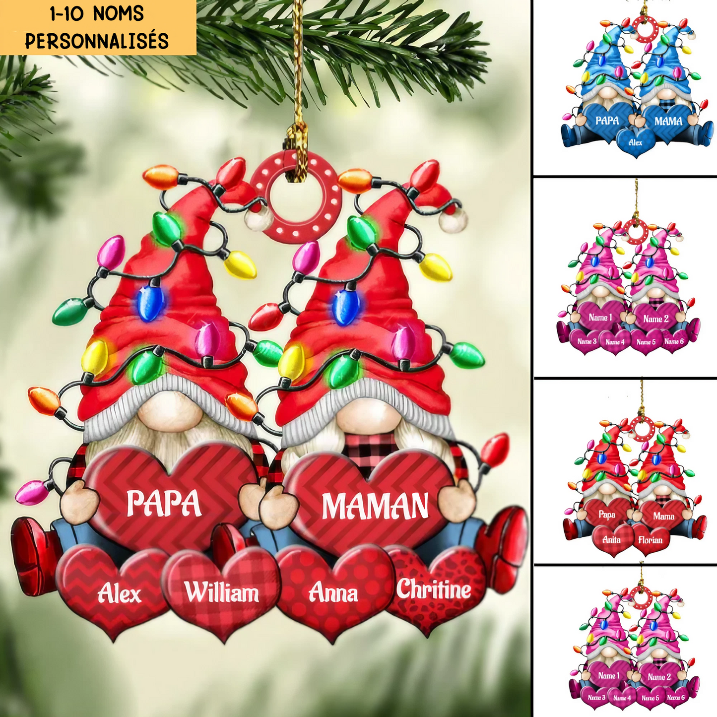 Décoration de Noël Familiale avec des Nains et Lumière de Noël - Personnalisée avec 3 à 8 Noms