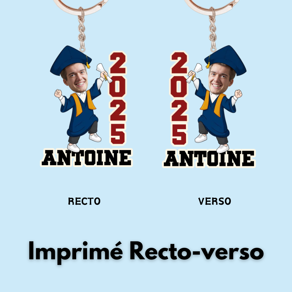 Porte-clés photo personnalisé avec année et prénom pour la remise des diplômes