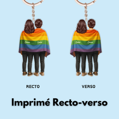 Porte-clés personnalisé avec drapeau arc-en-ciel et 2 personnages pour couple LGBT