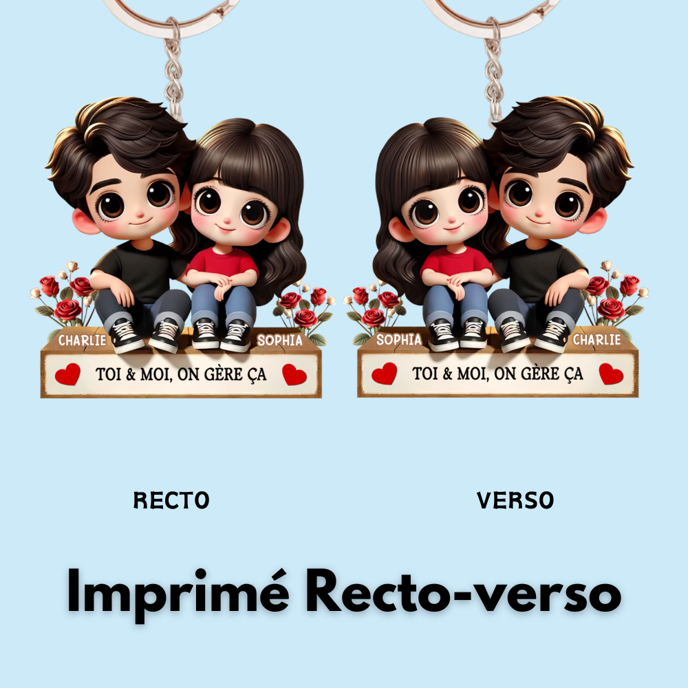 Porte-clés acrylique personnalisé avec illustration cartoon – Cadeau pour couple
