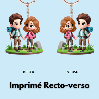 Porte-clés en acrylique « Couple camping » personnalisé avec noms, cadeau pour couple