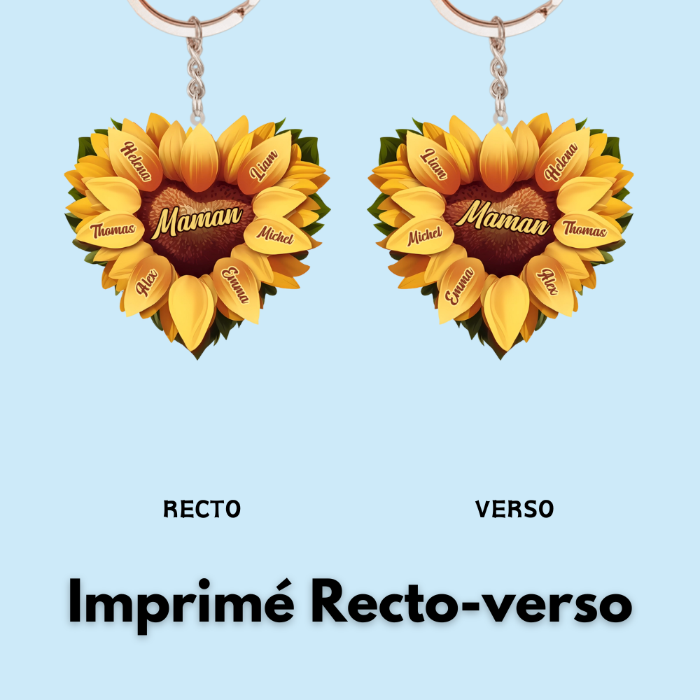 Tournesol en forme de cœur – Porte-clés en acrylique personnalisé pour maman et mamie