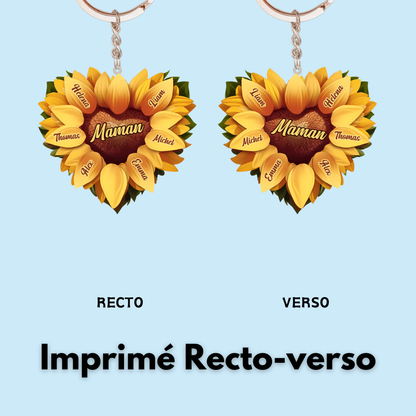 Tournesol en forme de cœur – Porte-clés en acrylique personnalisé pour maman et mamie