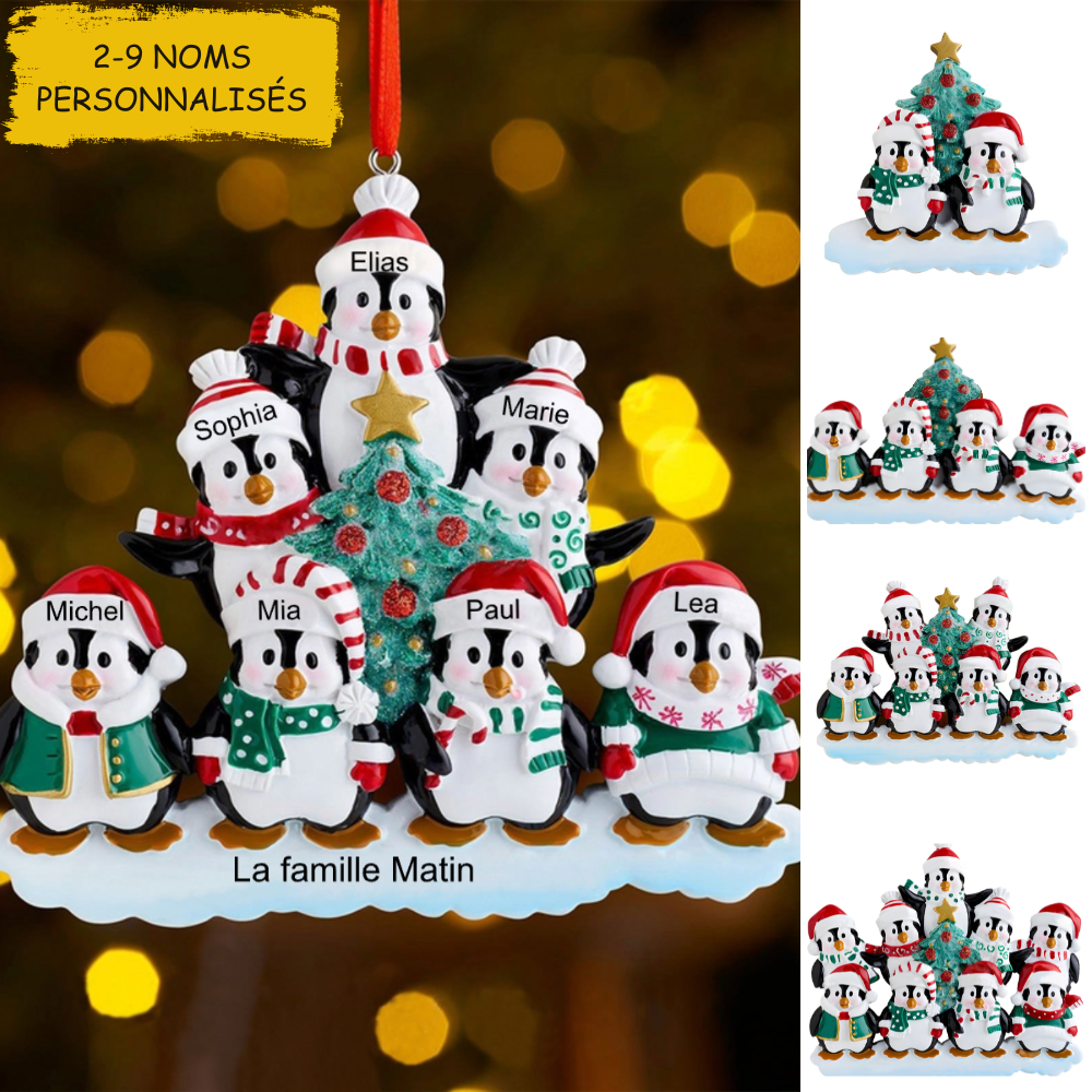 Famille de pingouins d'hiver Décoration de Noël personnalisée avec 2- 9 noms