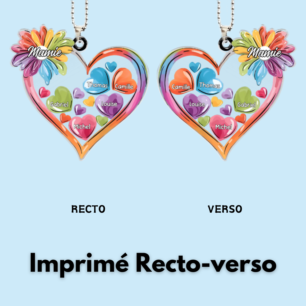 Porte-clés voiture personnalisé en acrylique avec cœurs colorés – Pour mamie et maman