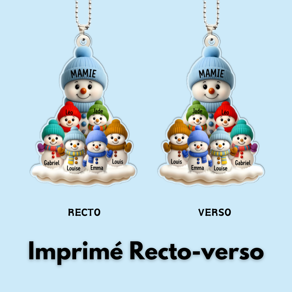 Bonhommes de neige – Pendentif en acrylique, décoration de sapin personnalisée, cadeau pour grand-mère