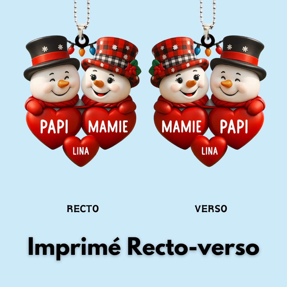 Bonhommes de neige avec des cœurs  Pendentifs de Noël avec nom Cadeau pour grand-père et grand-mère