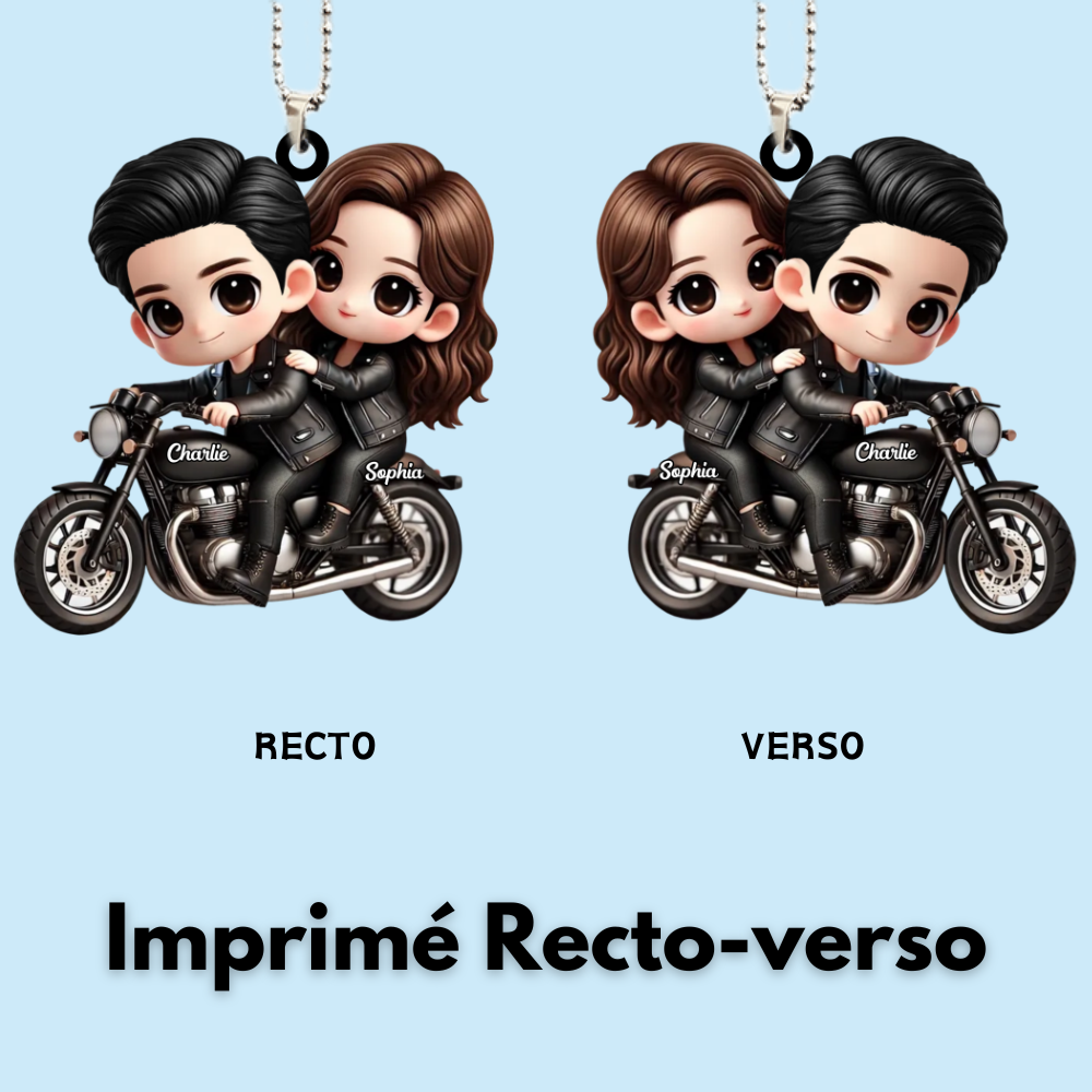 Couple sur moto – Pendentif en acrylique personnalisé, cadeau pour couple