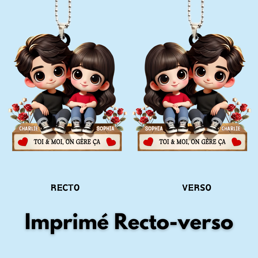 Pendentif en acrylique personnalisé avec illustration cartoon – Cadeau pour couple