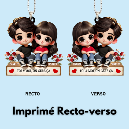 Pendentif en acrylique personnalisé avec illustration cartoon – Cadeau pour couple