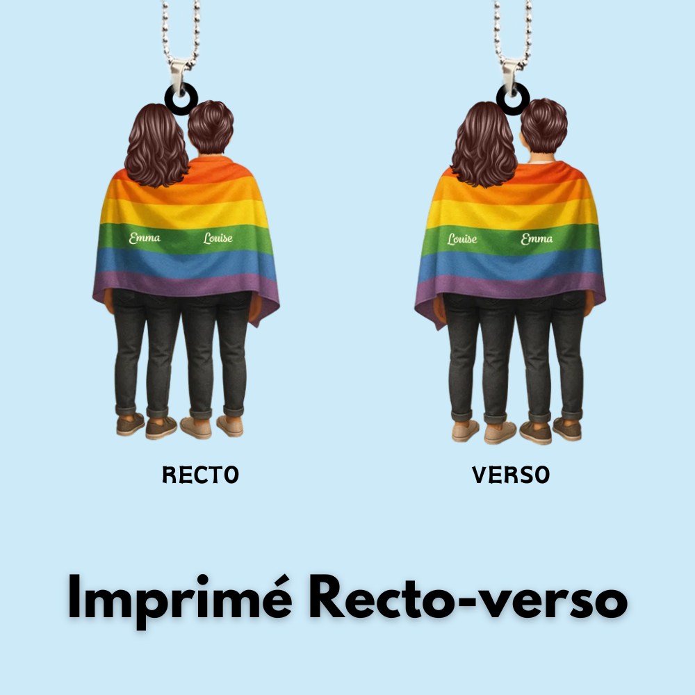 Pendentif en acrylique avec drapeau arc-en-ciel et nom – Cadeau pour couple LGBT