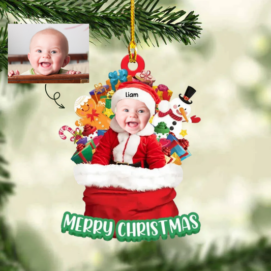 Bébé et cadeau de Noël Photo Ornement de Noël