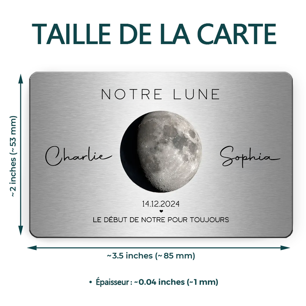 Notre lune - Carte portefeuille personnalisée avec phase lunaire, nom et texte Cadeau pour couple
