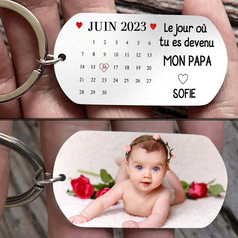 Porte-clés photo en acier inoxydable avec date et nom